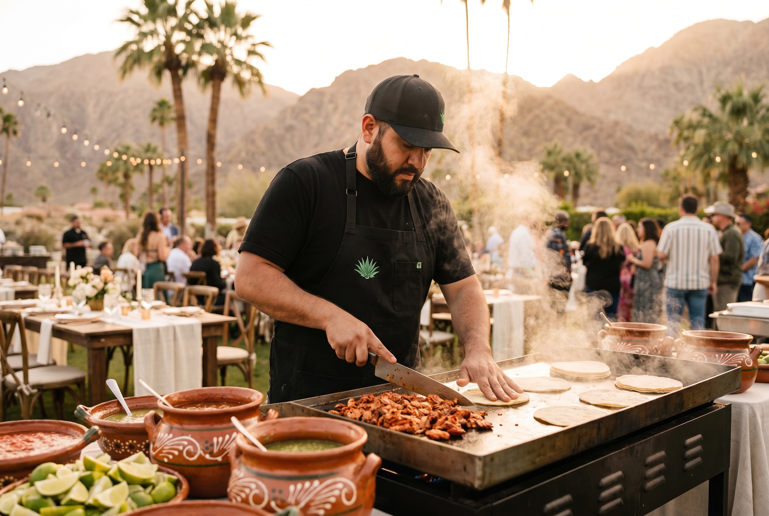 TacoNTodo chef grilling fresh tacos al pastor at a Coachella Valley desert event