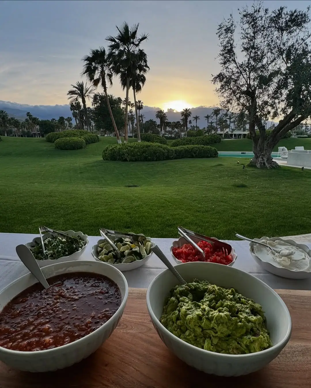 Sunset salsa bar with guacamole and fresh salsas at a Rancho Mirage catering event